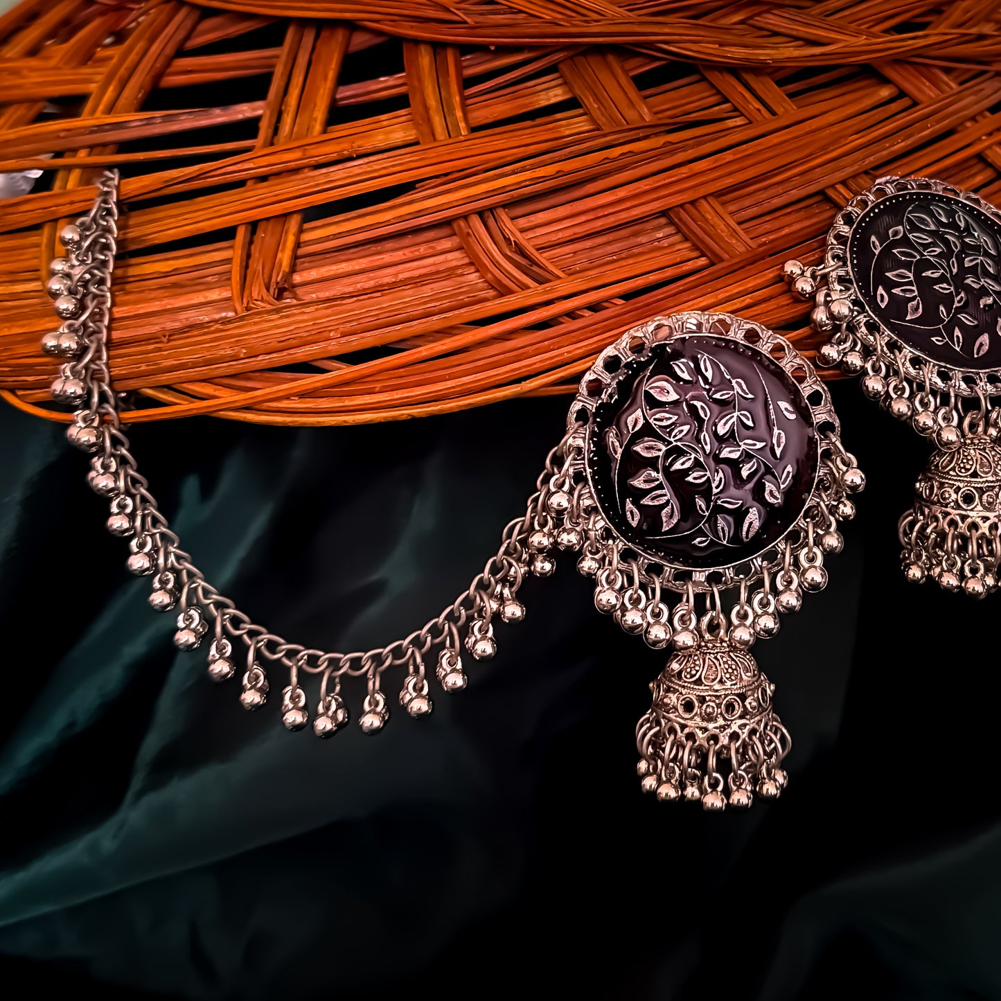 Sidra Silver Jhumka Earrings with sahara - Black