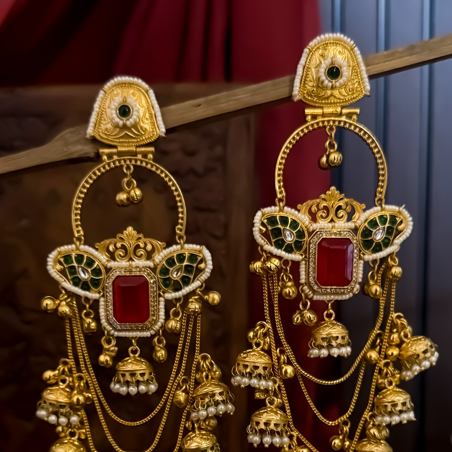 Masakali Premium Kashmiri Brass Ghungroo Chandbali Earrings - Red & Green