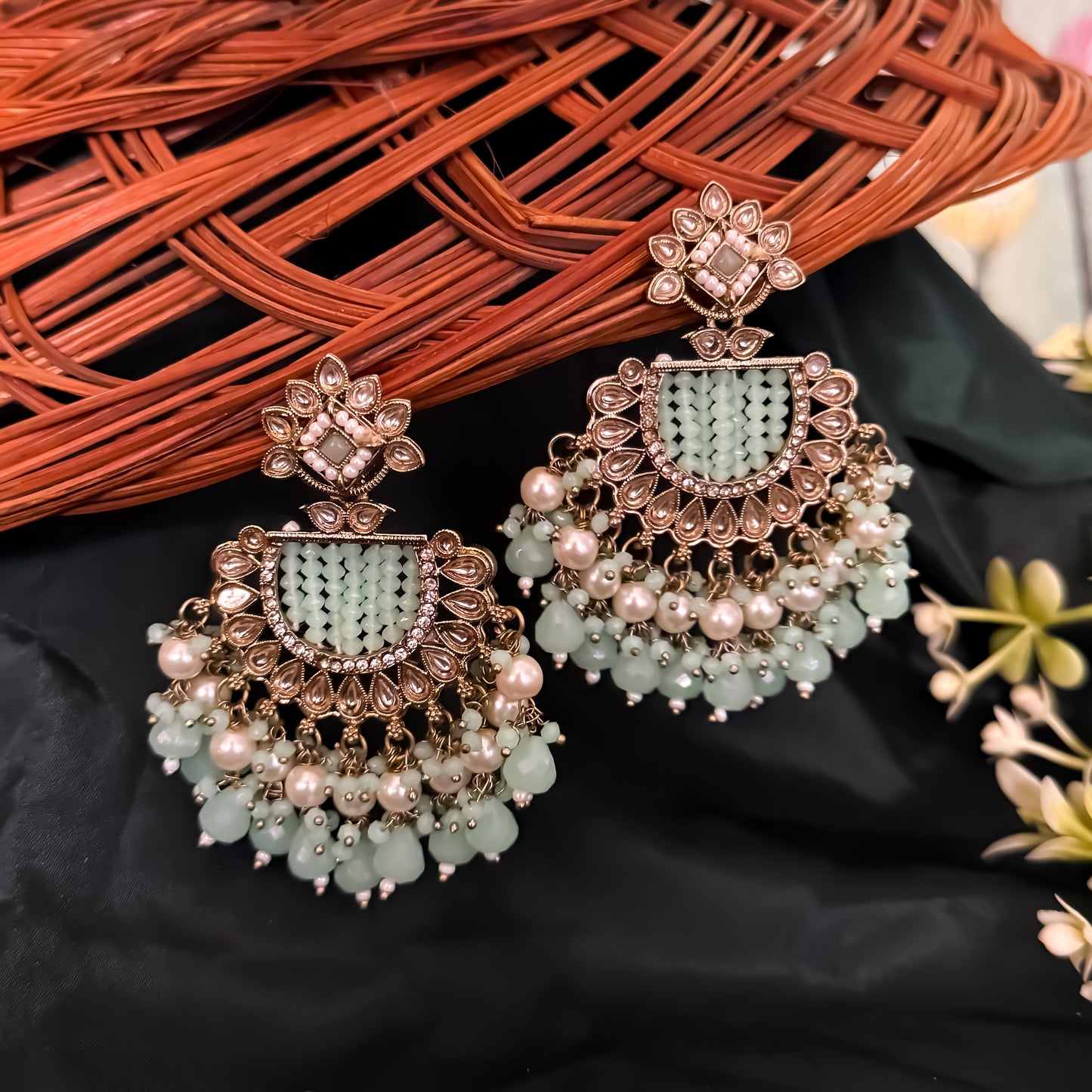 Mansa Kundan Pearl Chandbali - Pistachio