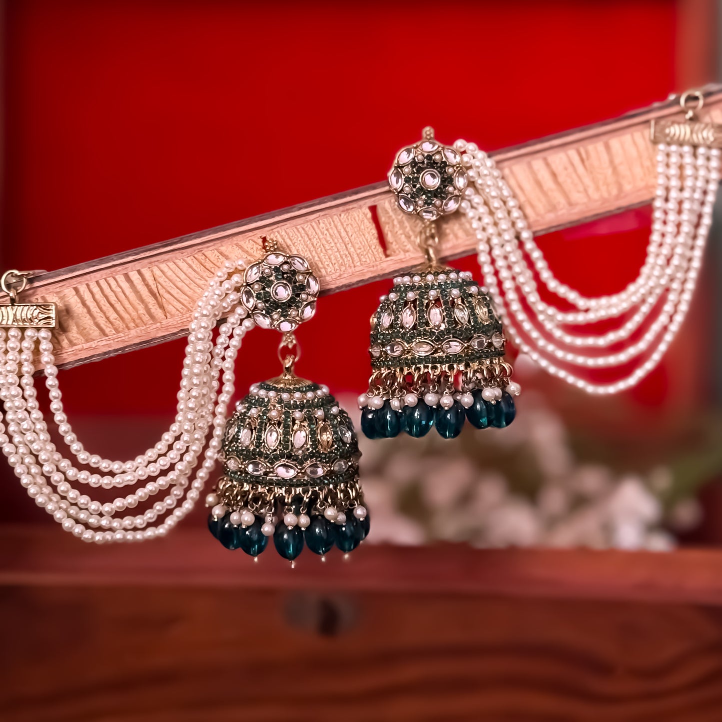 Mehvish Jadau Reverse AD Jhumka Earrings with Earchain - Peacock Blue