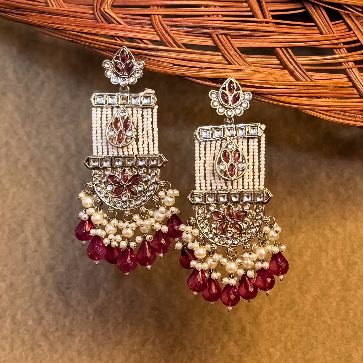 Kamya Pearl Chandbali Earrings- Wine