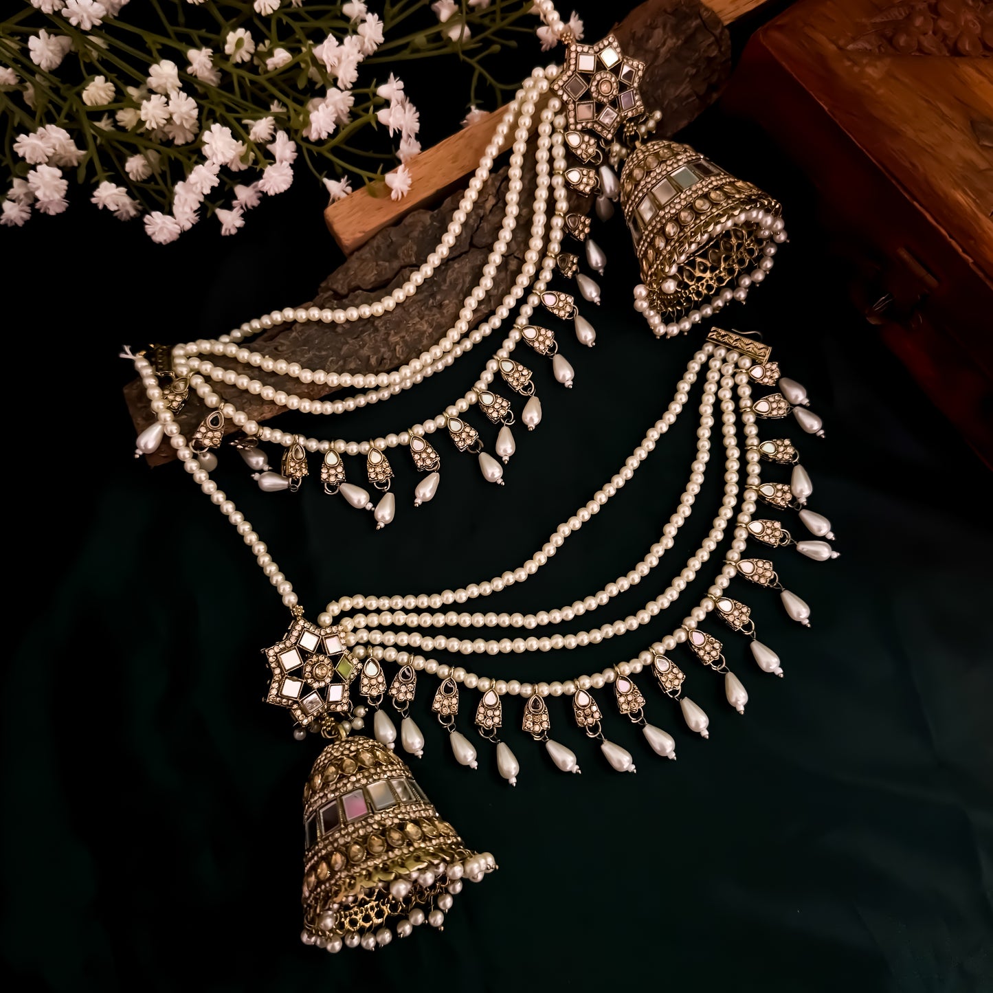 Rani Padmavat Jadau Jhumka Earrings with Sahara & Teeka - Golden