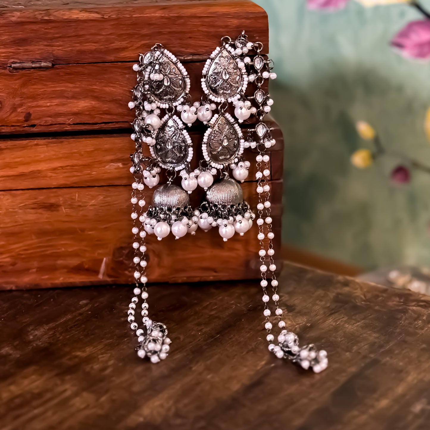 Kimaya Kashmiri Black Metal Jhumka with Earchains