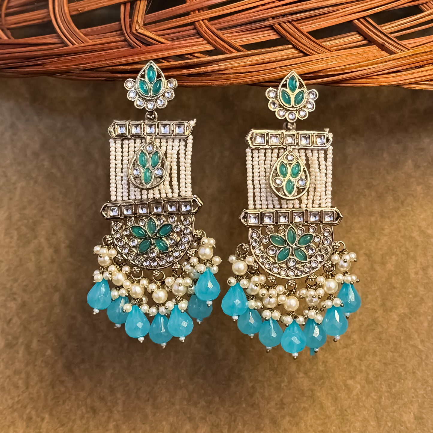 Kamya Pearl Chandbali Earrings- Sky Blue