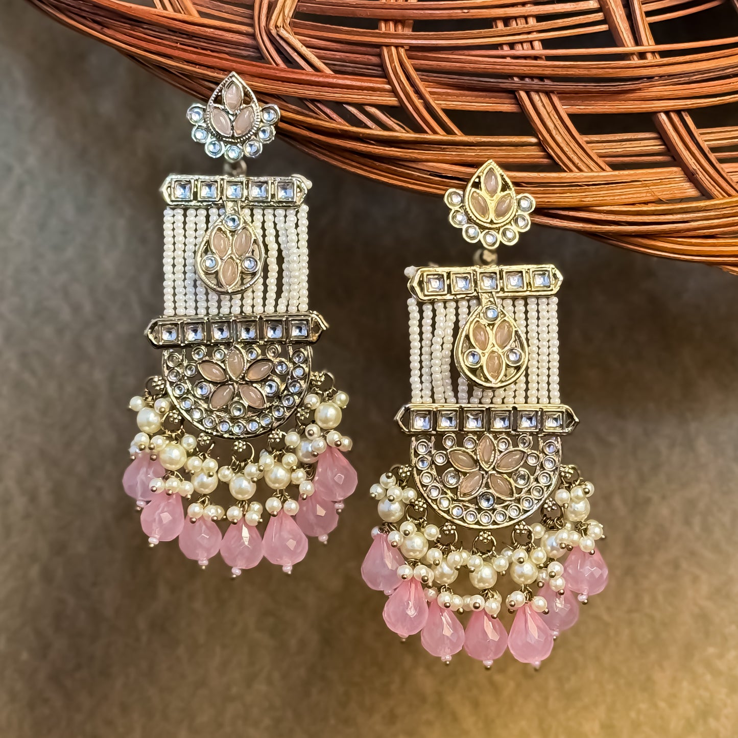 Kamya Pearl Chandbali Earrings- Baby Pink