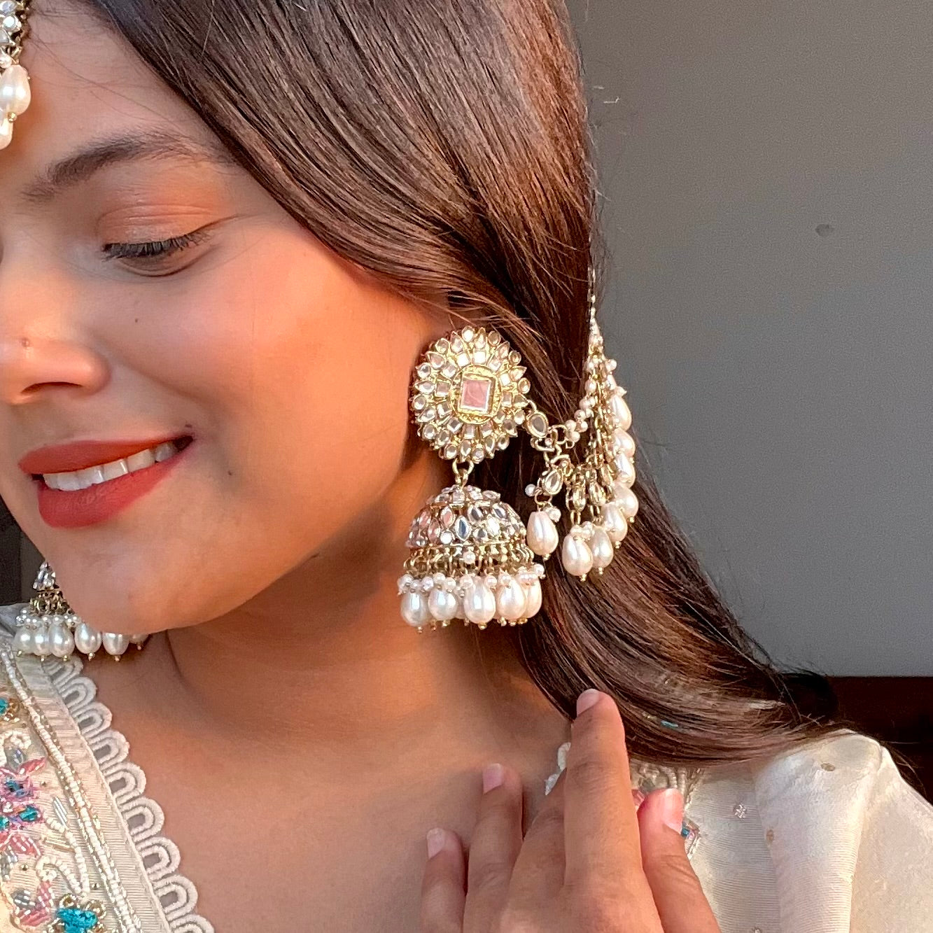 Masaba Mirror Jhumka Earrings with Sahara & Tika Set - Golden