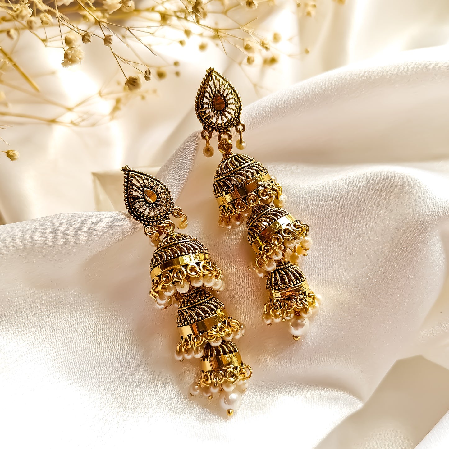Triple Layered Floral Golden Jhumki