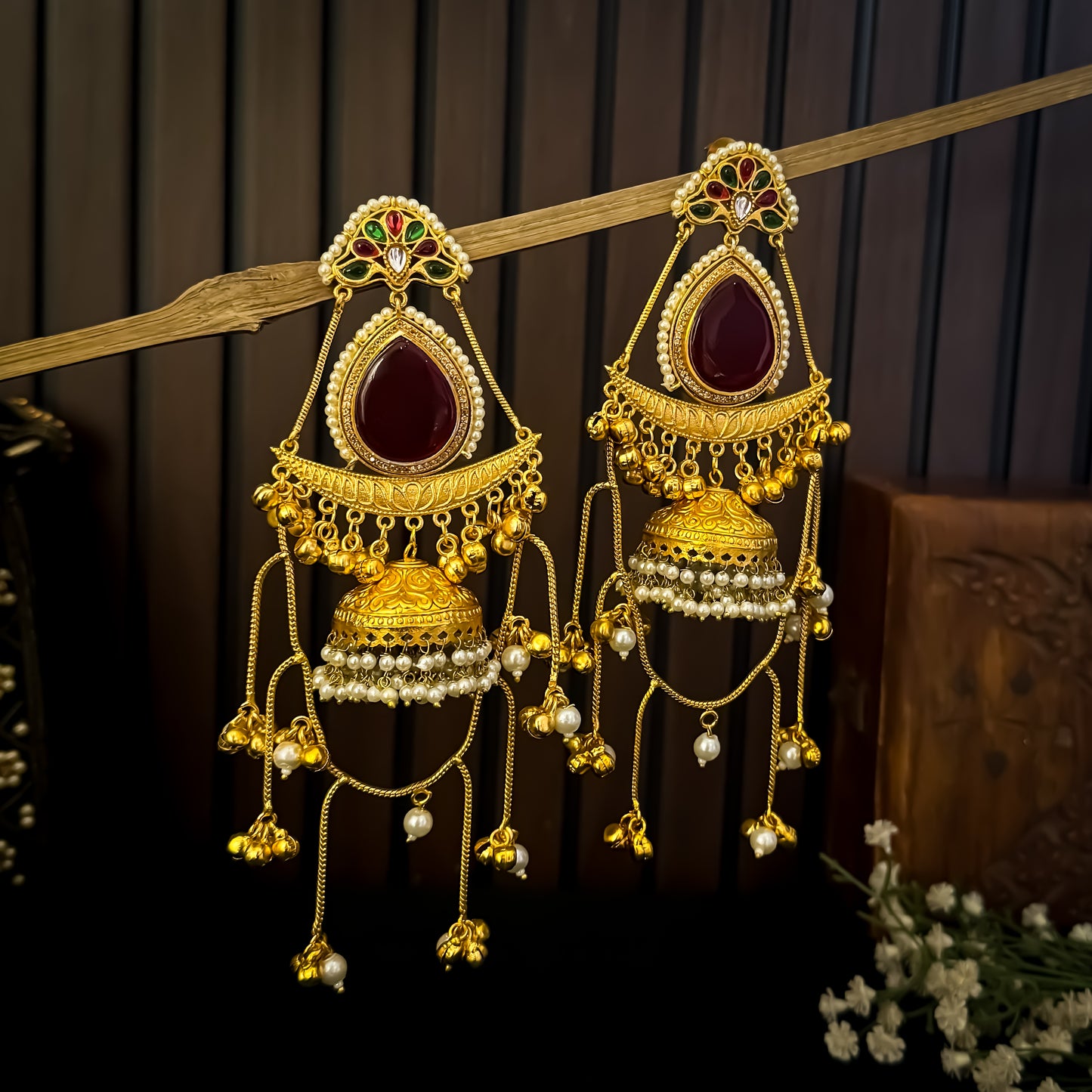 Midha Kashmiri Brass Dejhoor Ghungroo Jhumka Earrings - Maroon