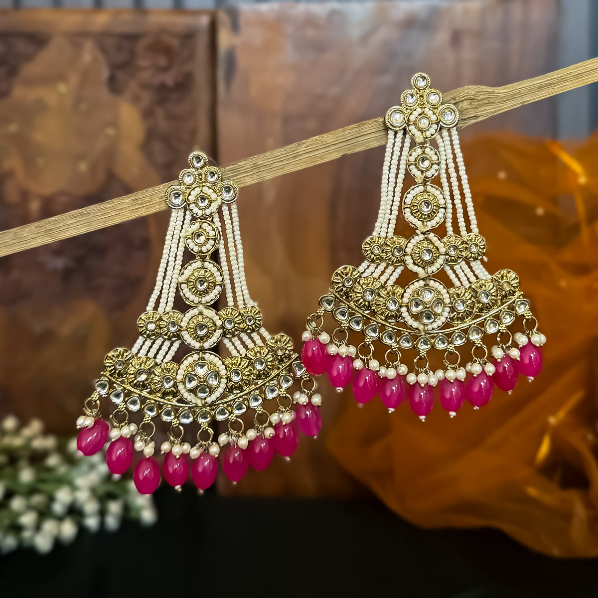 Pink Kinza Kundan Pearl Chandbali Earrings
