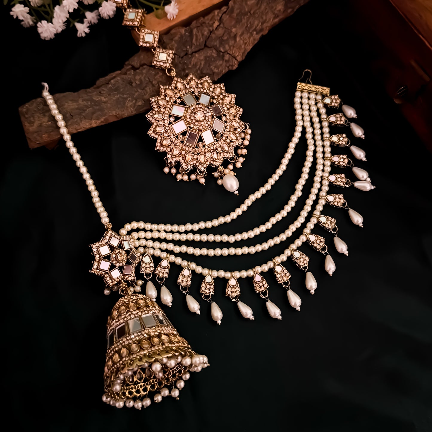 Rani Padmavat Jadau Jhumka Earrings with Sahara & Teeka - Golden