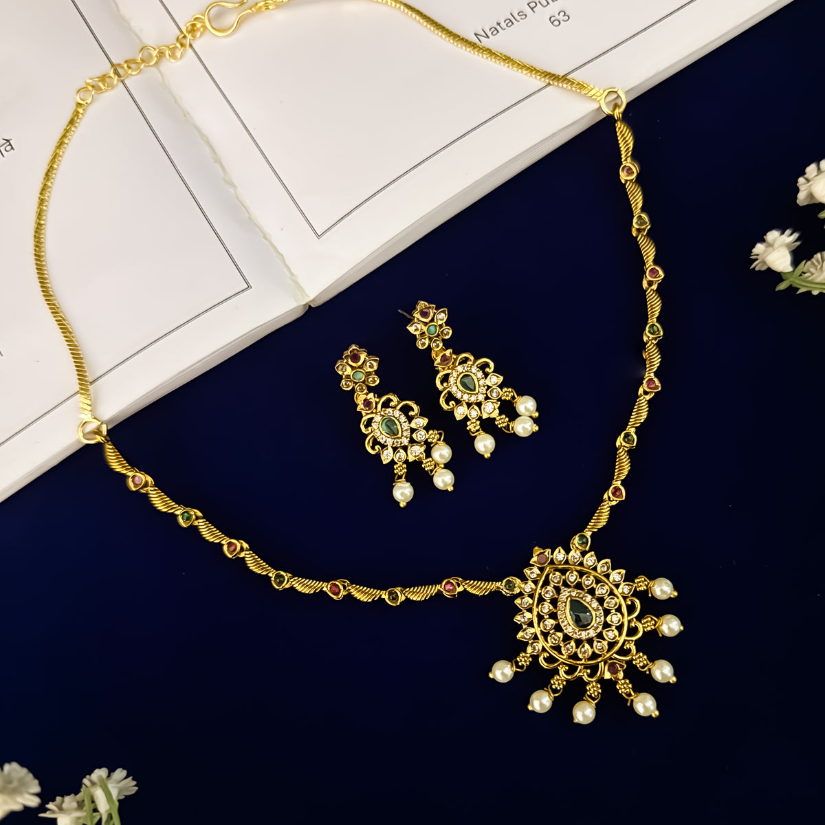 Vikhyat Temple AD Necklace Set - Green & Pink