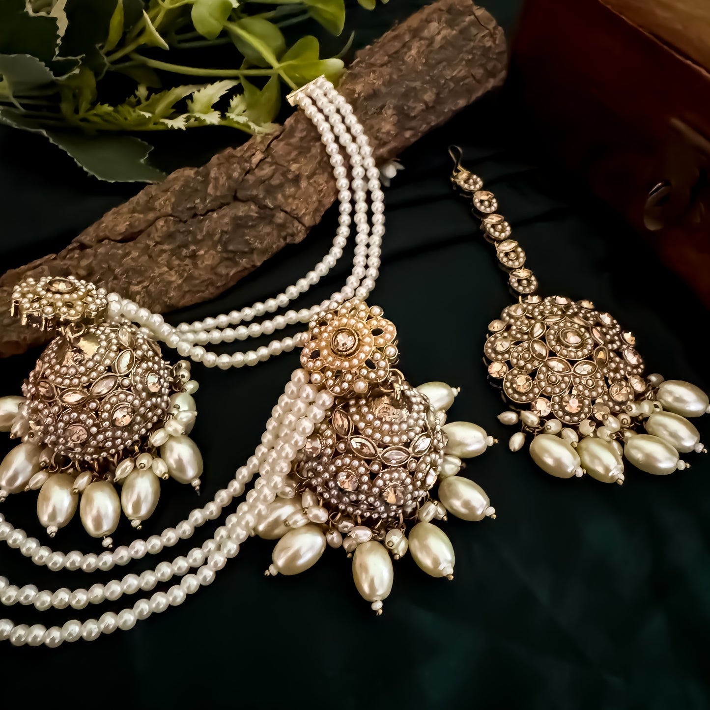 Mahtaab Jadau Reverse AD Jhumka Earrings with Earchain & Teeka - Golden