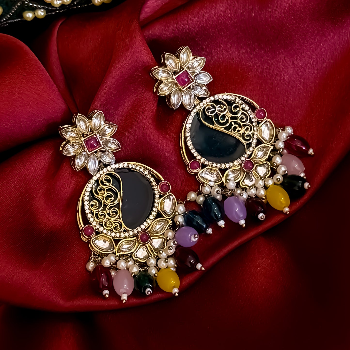 Ishika Premium Cutwork MOP Premium Chandbali Earrings - Multi