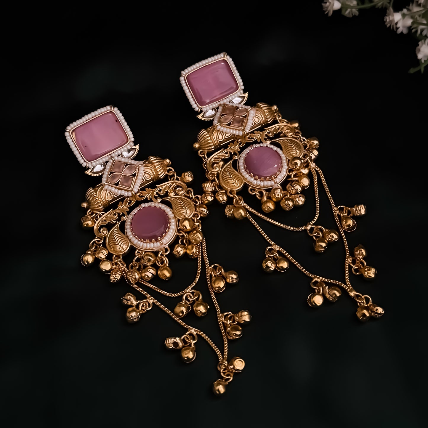 Patralekha Kashmiri Brass Dejhoor Ghungroo Jhumka Earrings - Pastel Pink
