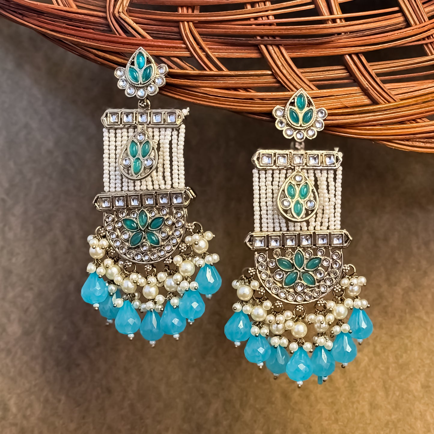 Kamya Pearl Chandbali Earrings- Sky Blue