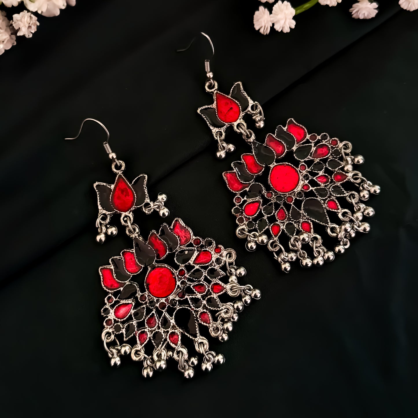 Lotus Afghani Long Necklace with Earrings (Black & Red)