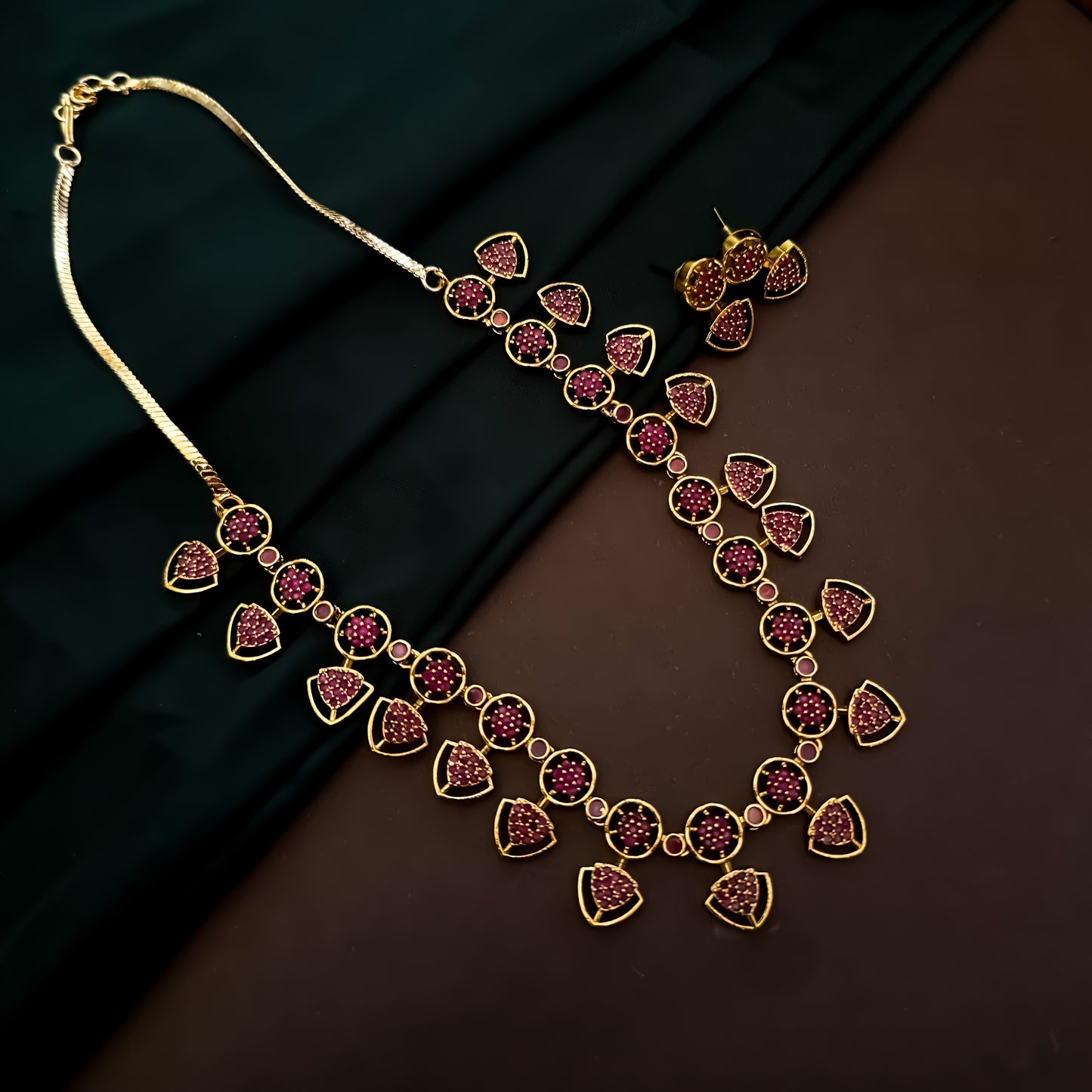 Anjari Diamond (AD) Drop Neckalce Set- Pink