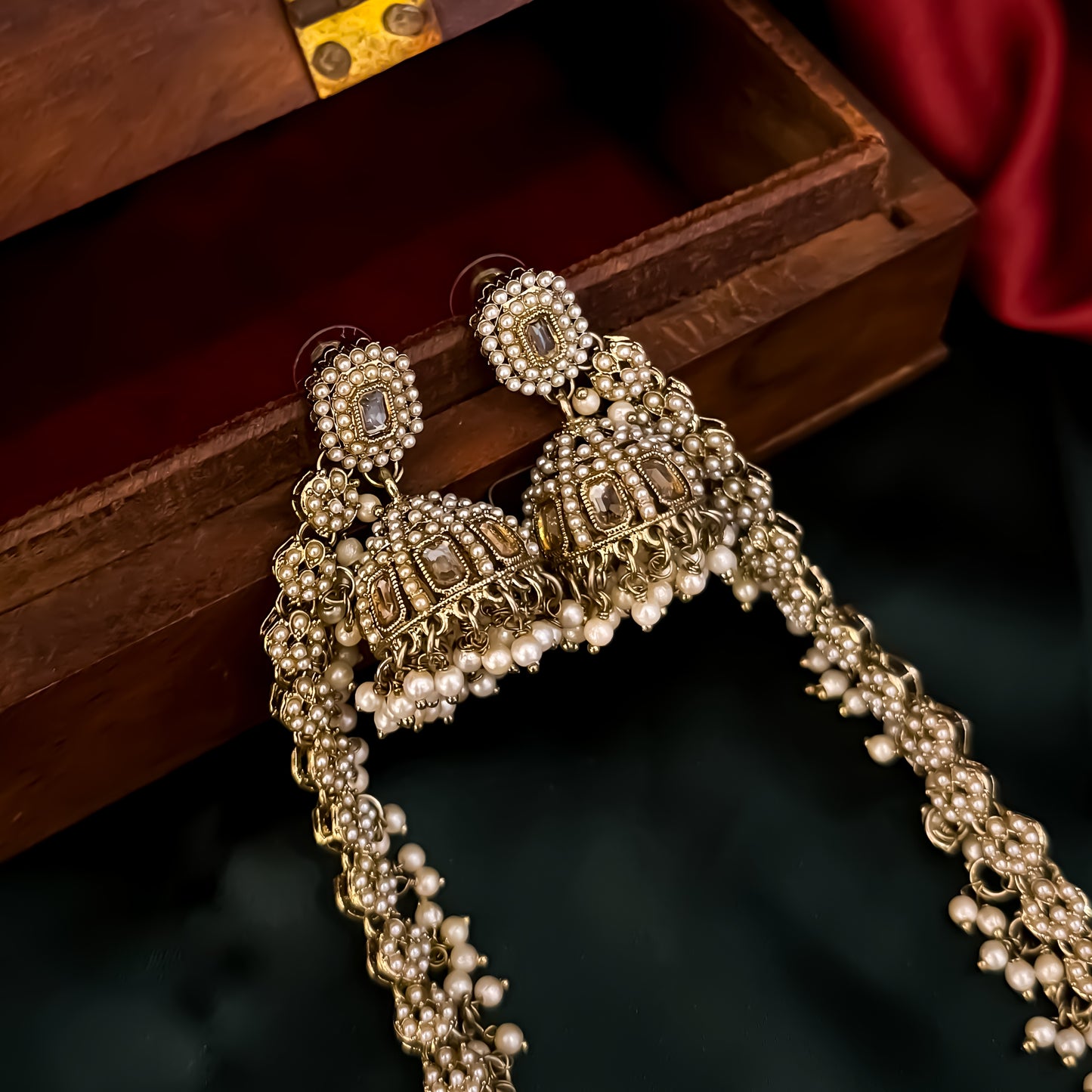Aarzoo Jadau Reverse AD Jhumka Earrings with Sahara & Teeka - Golden
