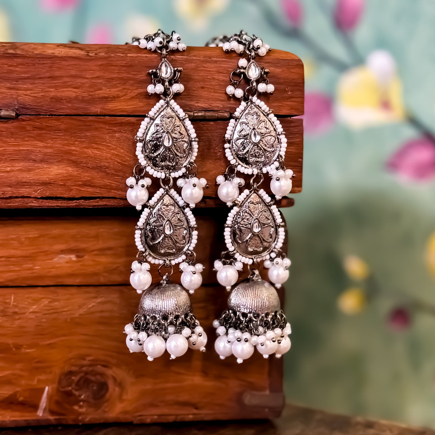 Kimaya Kashmiri Black Metal Jhumka with Earchains