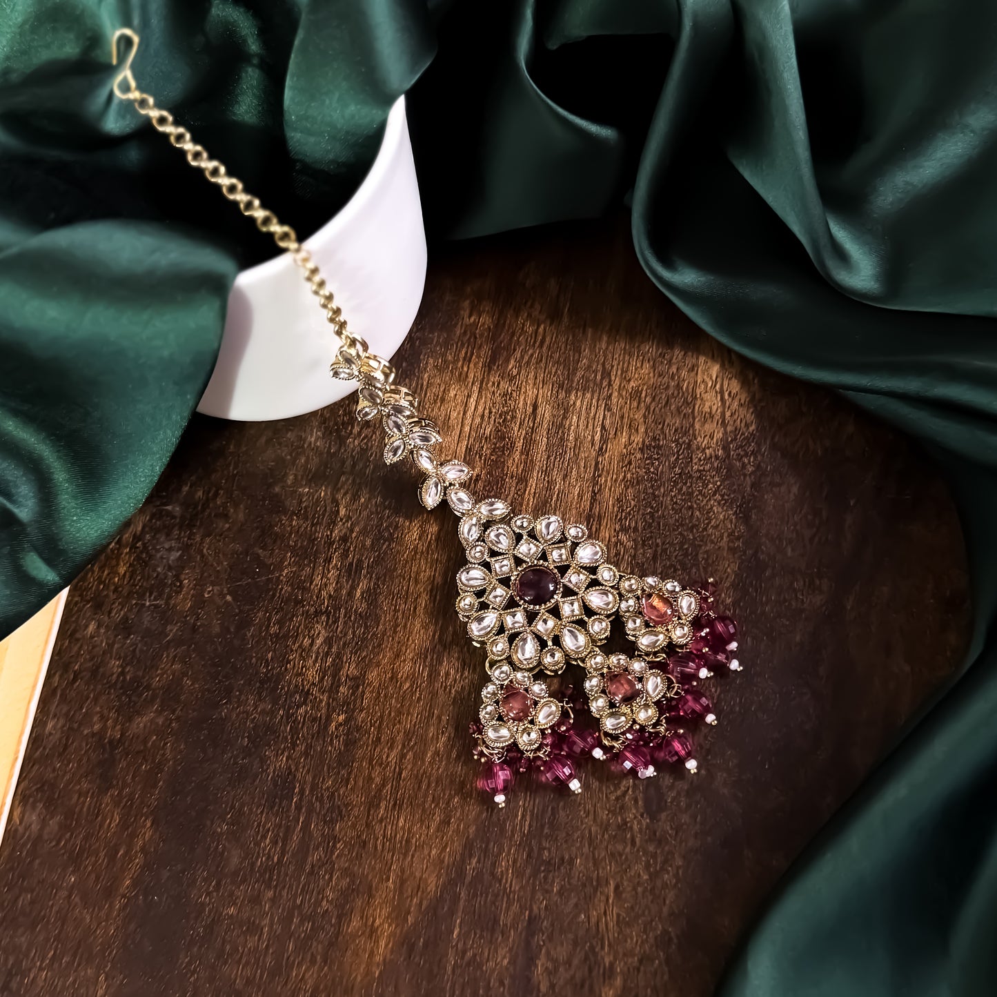 Shabana Premium Kundan Pearl Choker Necklace Set - Wine