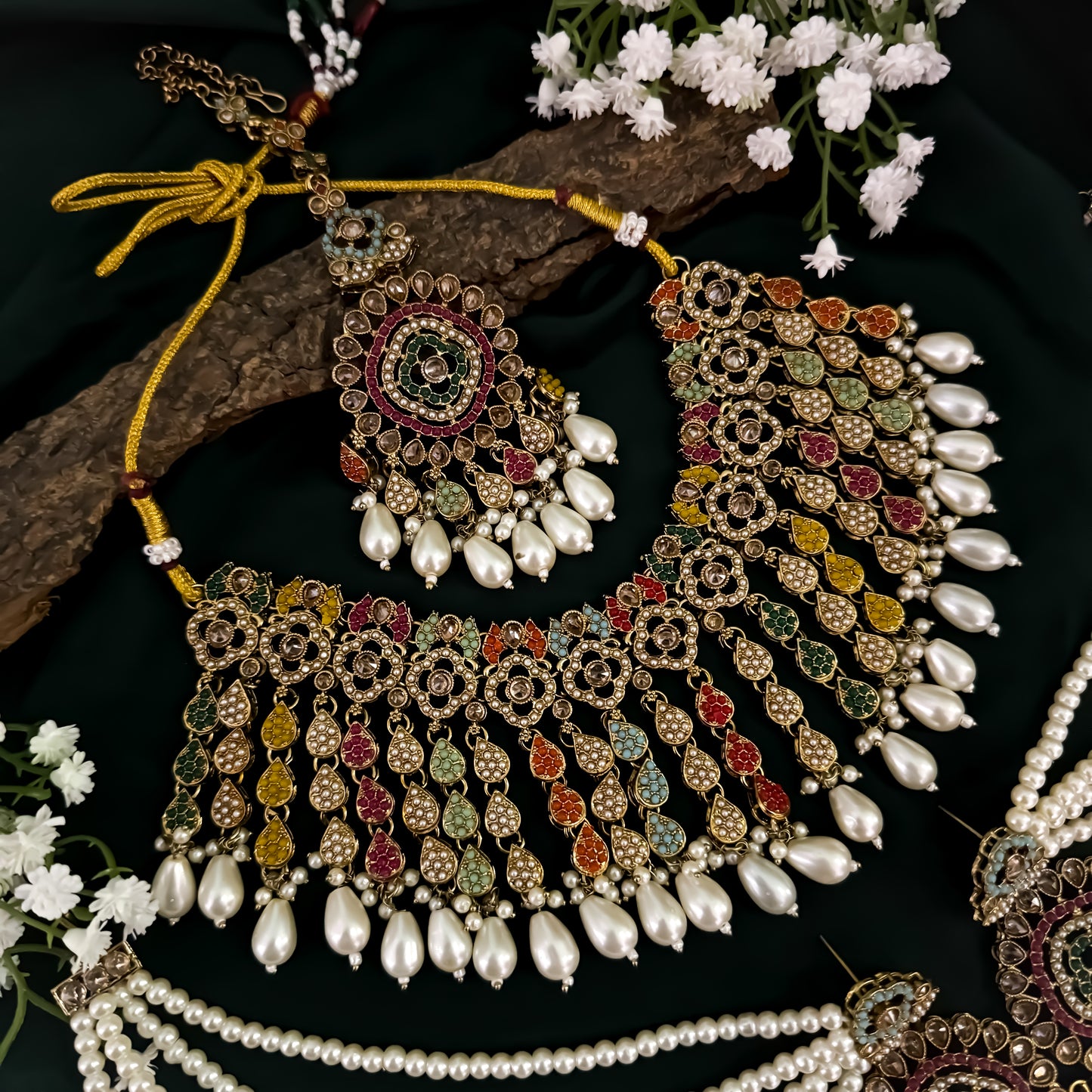 Riwaz Jadau Reverse AD Necklace Set - Multi