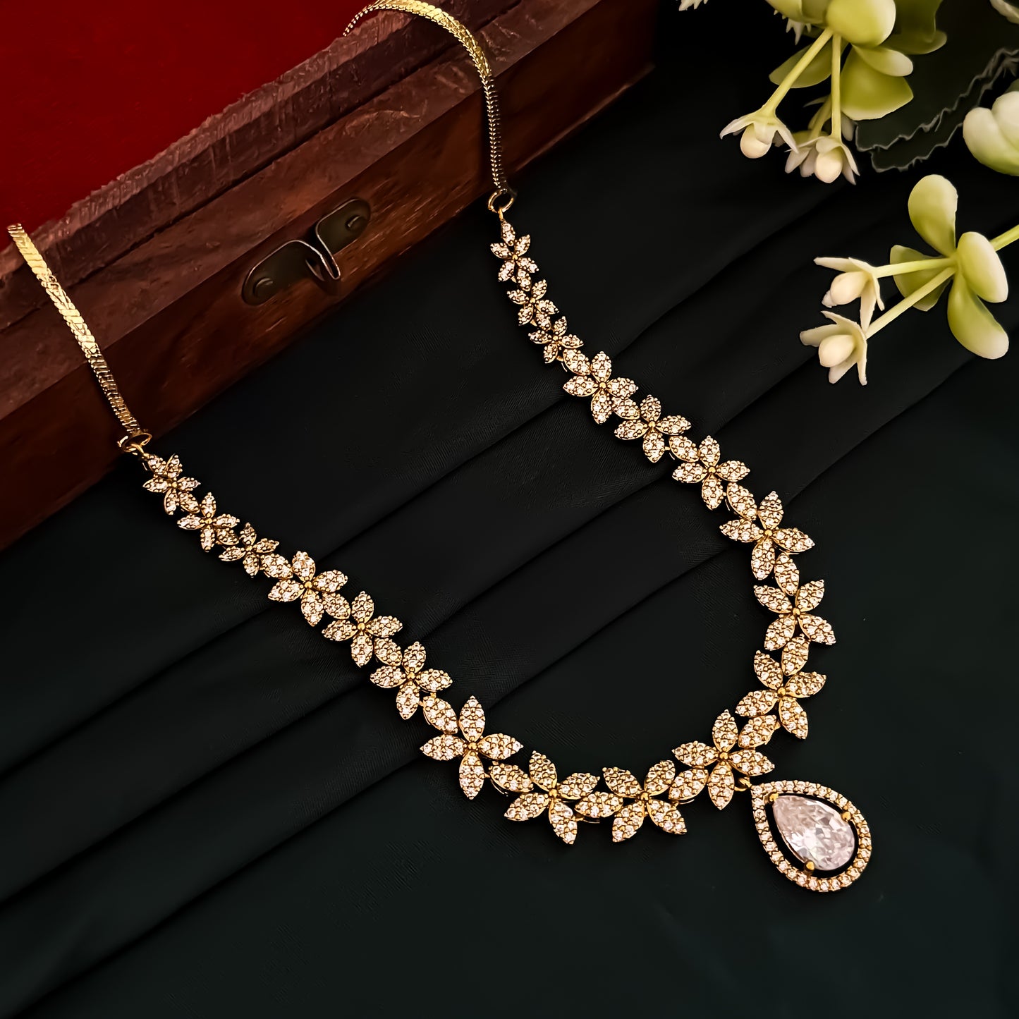 Vaishnavi American Diamond Necklace Set - Golden