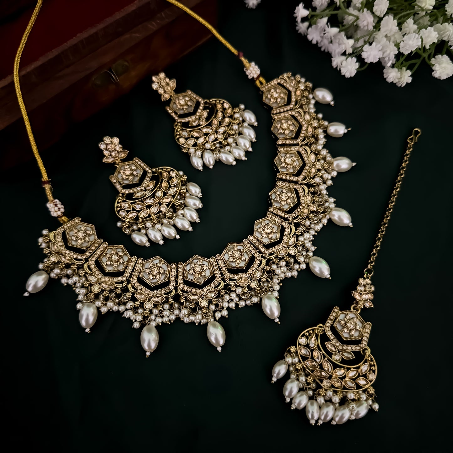 Mahal MOP Reverse AD Necklace Set - Golden