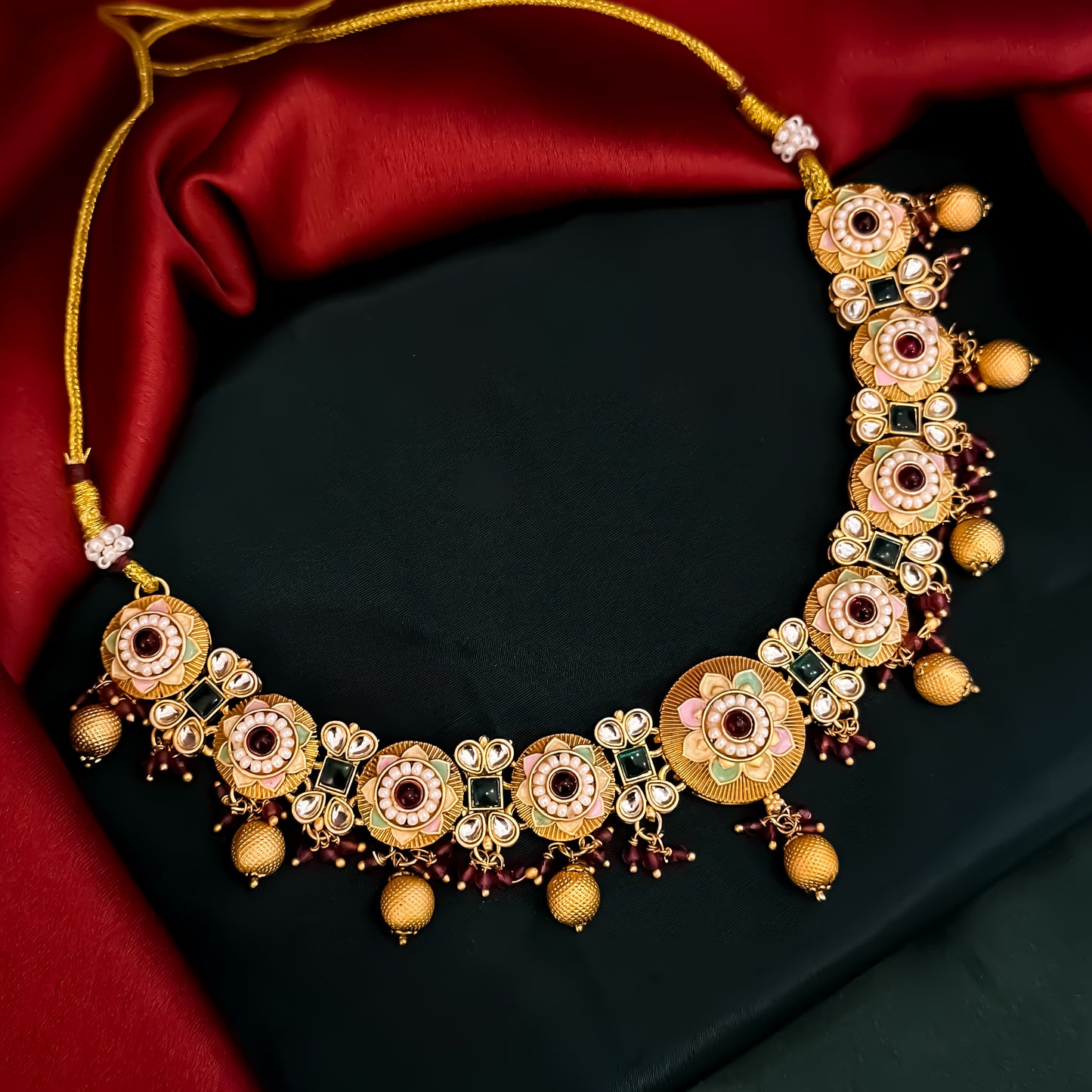 Sayantika Rajwadi Matte Polish Necklace Set - Pink & Green