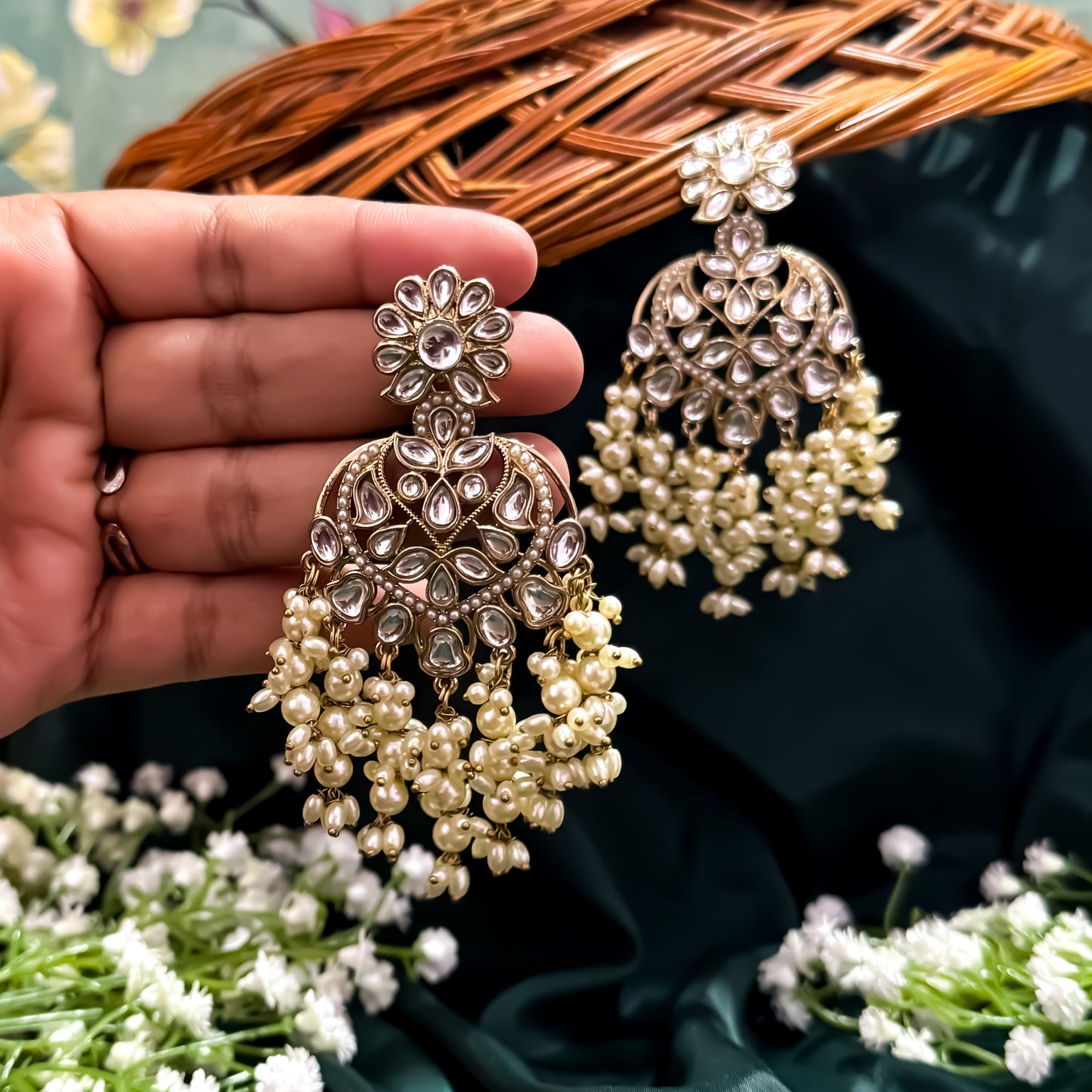 Aayat Kundan Pearl Chandbali Earrings - Golden