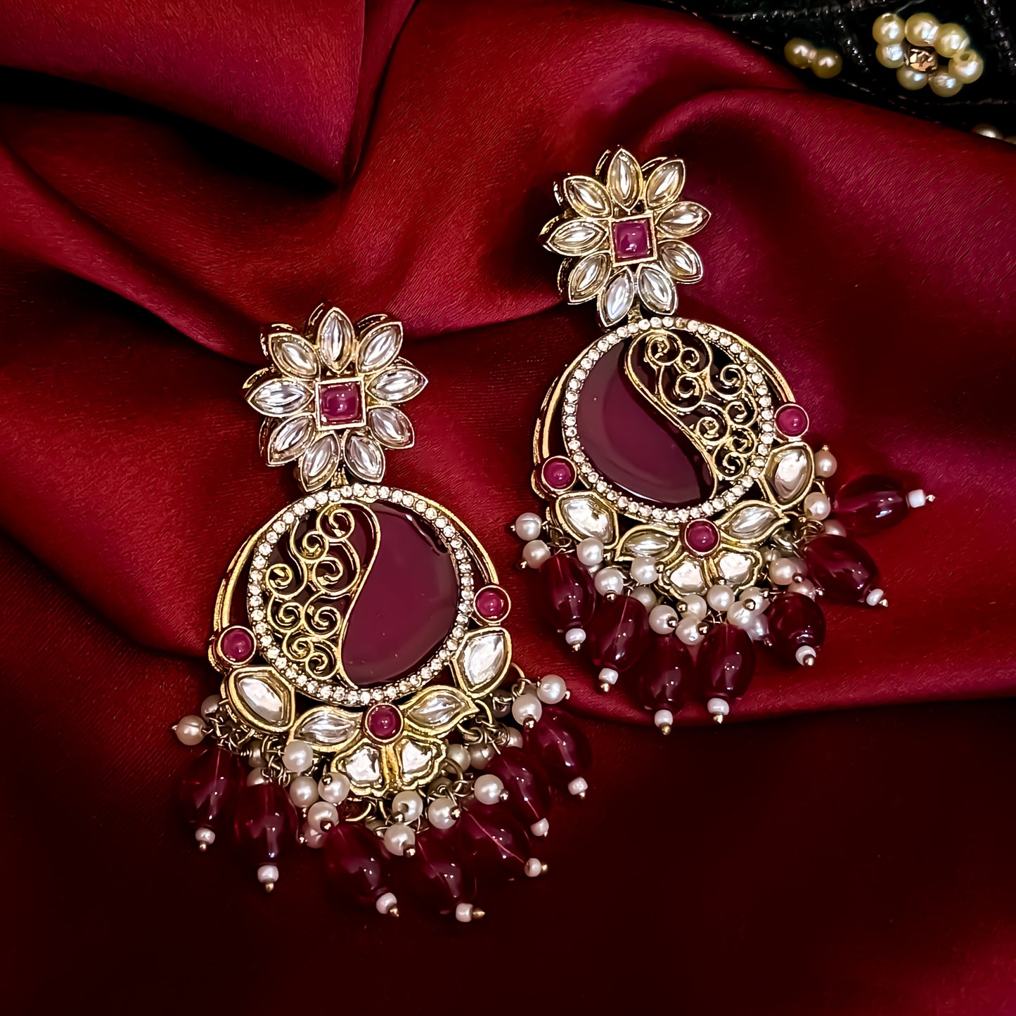 Ishika Premium Cutwork MOP Premium Chandbali Earrings - Magenta Pink