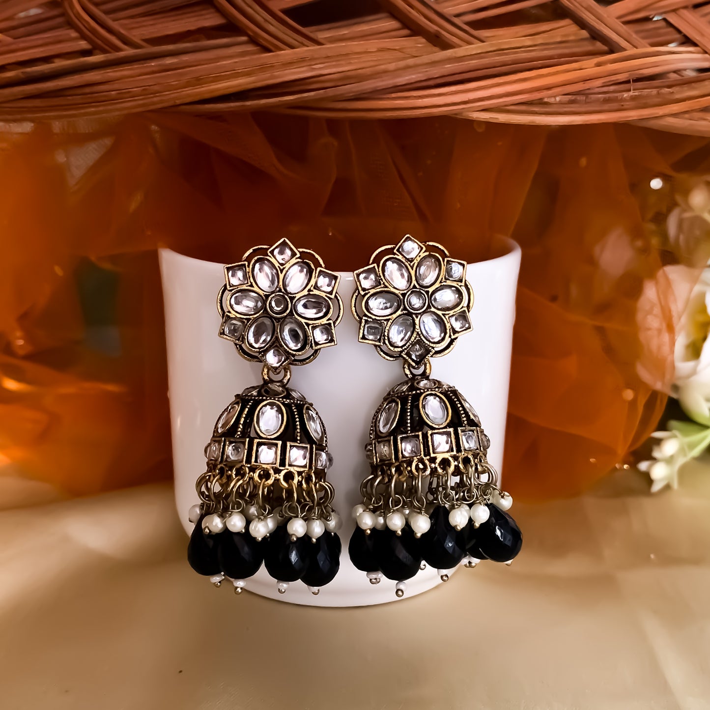 Aashika Pearl Jhumka Earrings- Black