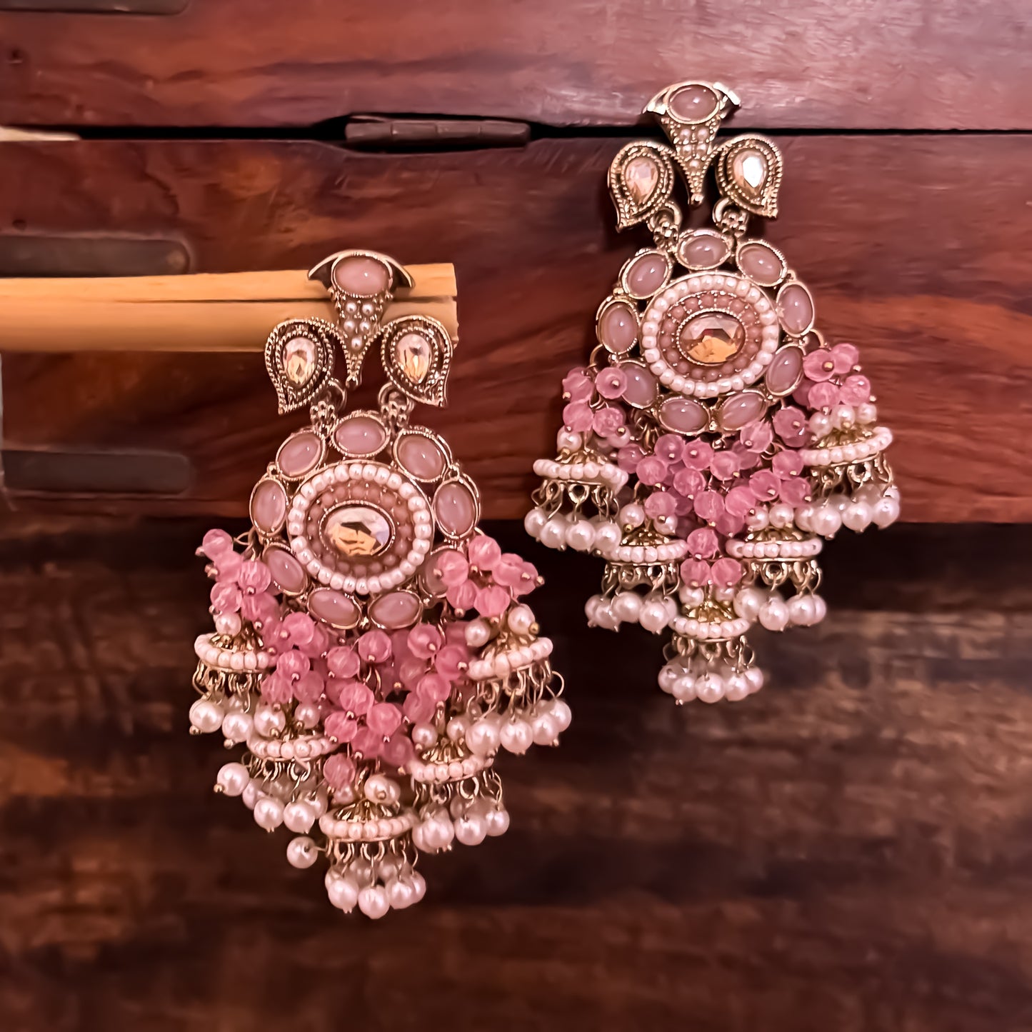 Heer Pearl Kundan Pearl Chandbali Jhumka Earring - Baby Pink