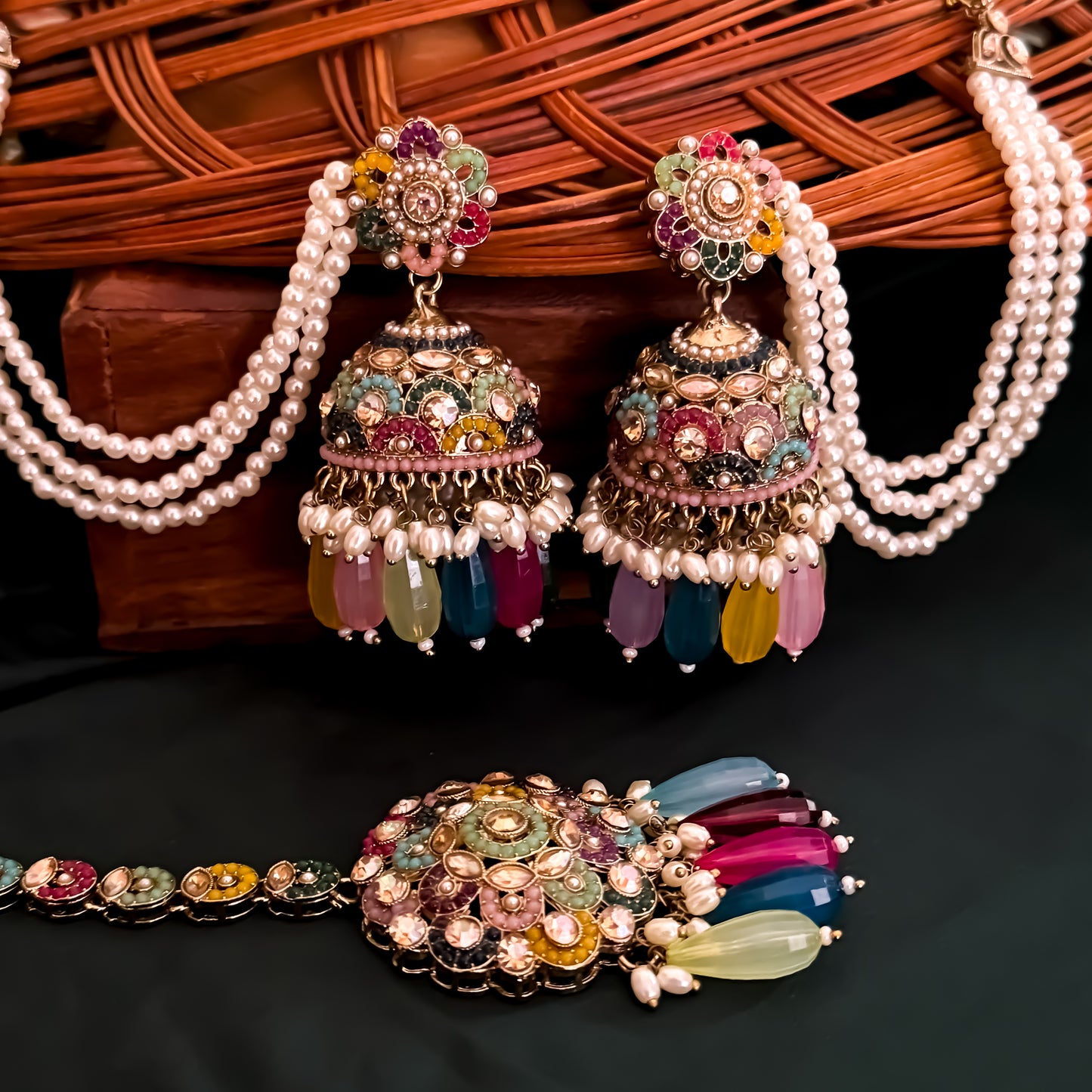 Mahtaab Jadau Reverse AD Jhumka Earrings with Earchain & Teeka - Multi