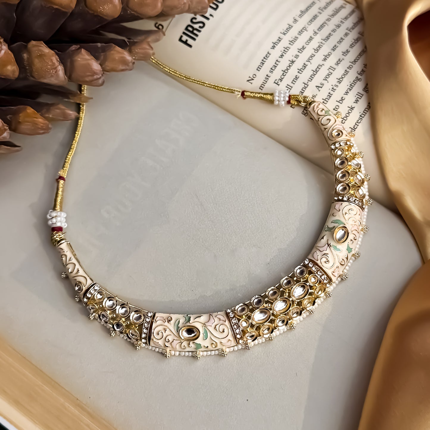 Malishka Meenakari Hasli Necklace Set - Golden/Ivory