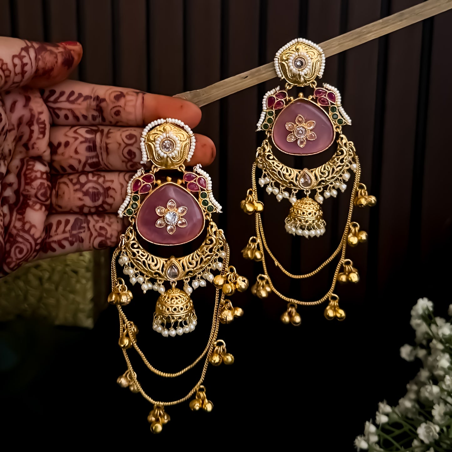 Rajshree Kashmiri Brass Dejhoor Ghungroo Jhumka Earrings - Pastel Pink