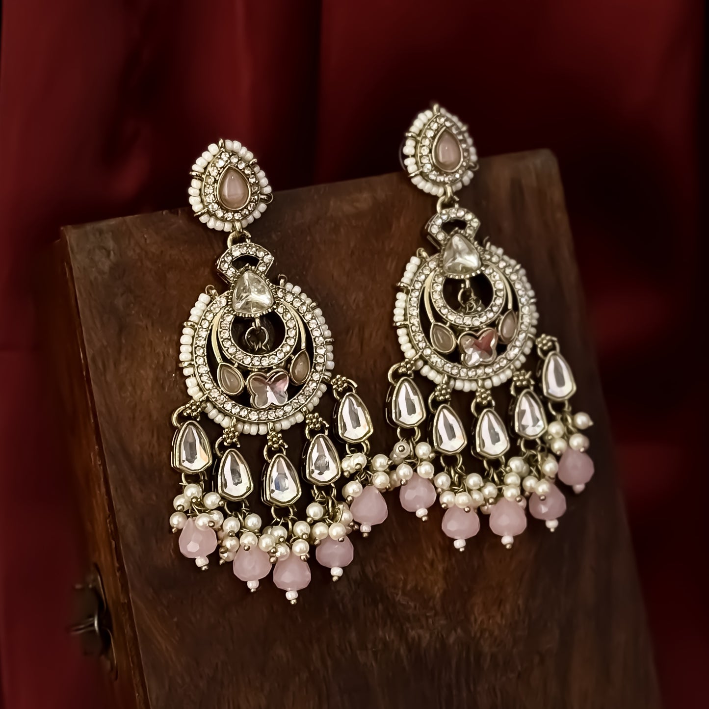 Athiya Kundan Pearl Premium Chandbali Earrings - Baby Pink