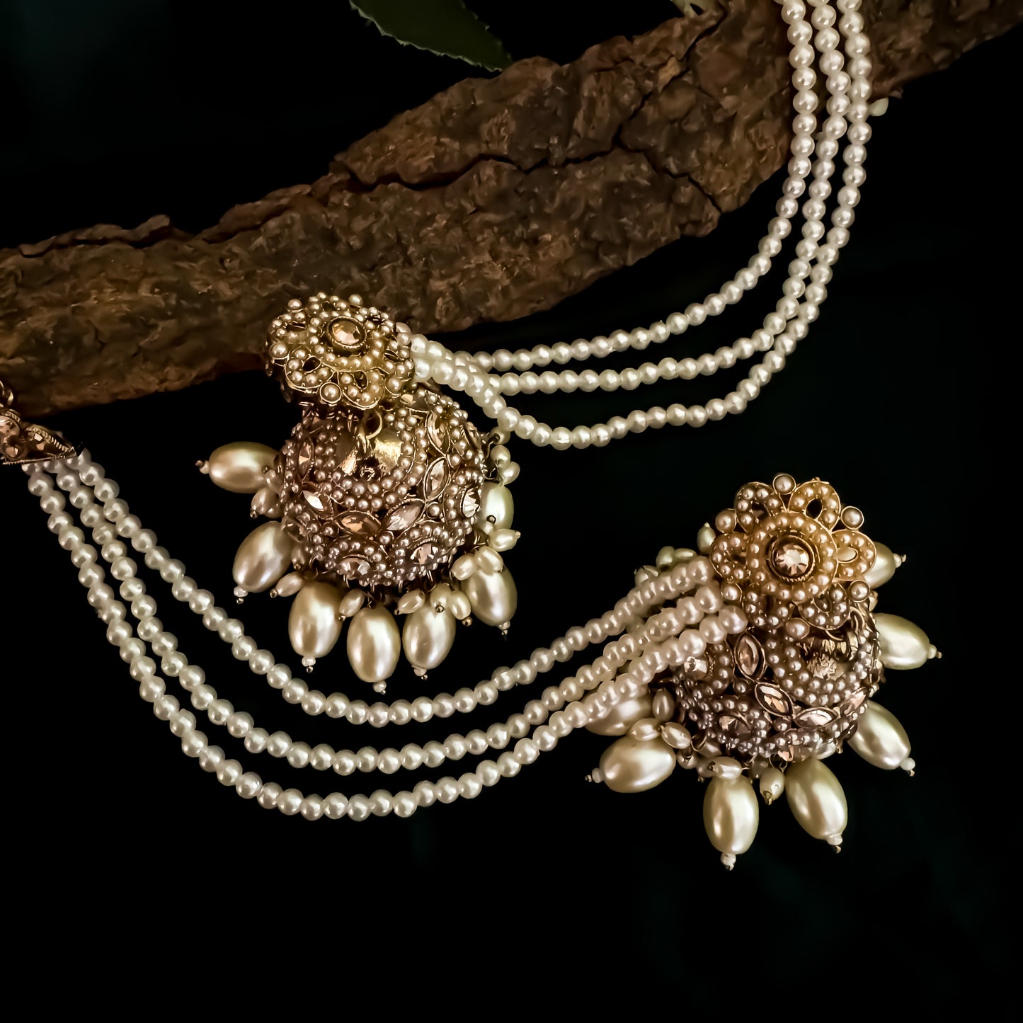 Mahtaab Jadau Reverse AD Jhumka Earrings with Earchain & Teeka - Golden