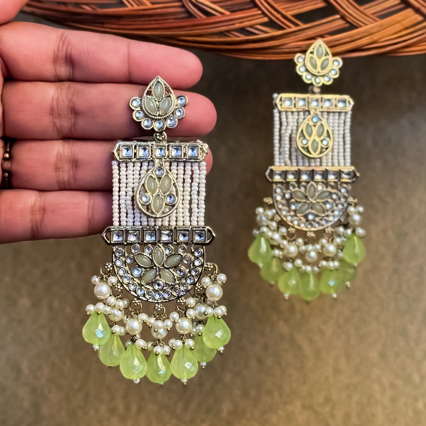 Kamya Pearl Chandbali Earrings- Lemon Green