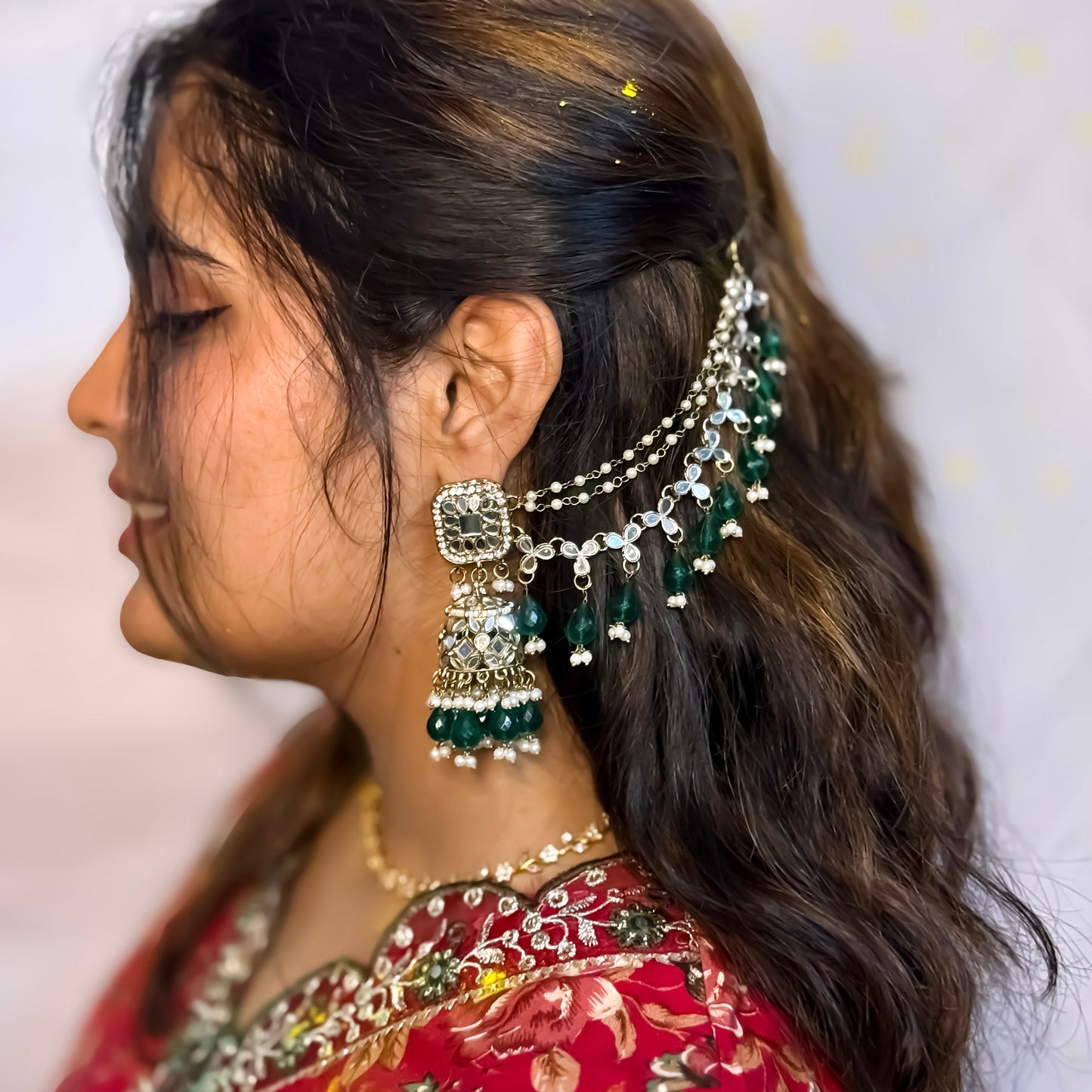 Mohika Mirror Jhumka Earrings with Sahara & Tika Set - Green