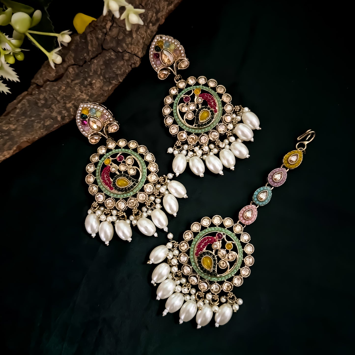 Lisha Jadau (Reverse AD) Earrings & Mangtika Set - Ivory/Golden