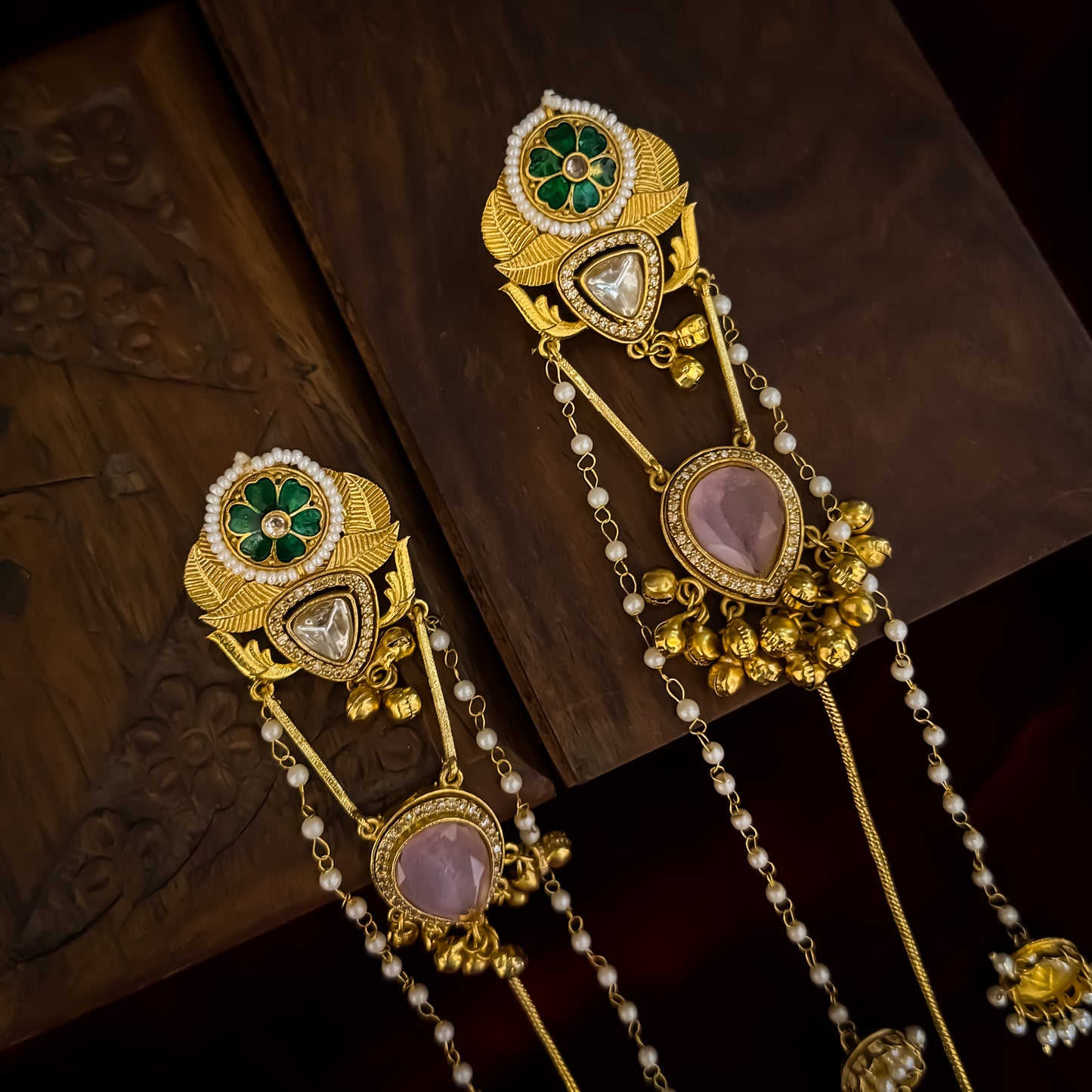 Lishita Statement Kashmiri Brass Earrings - Green Pastel Pink