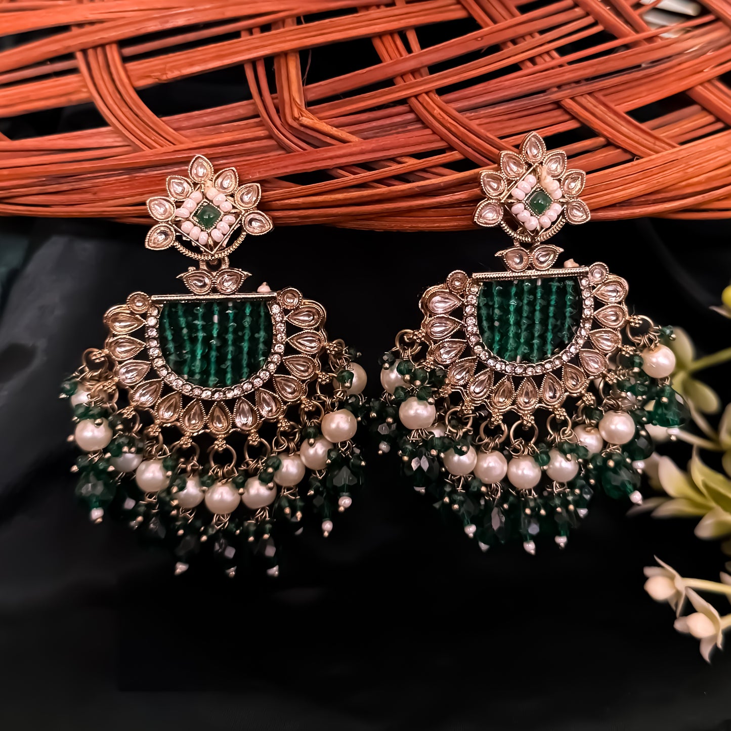 Mansa Kundan Pearl Chandbali - Green