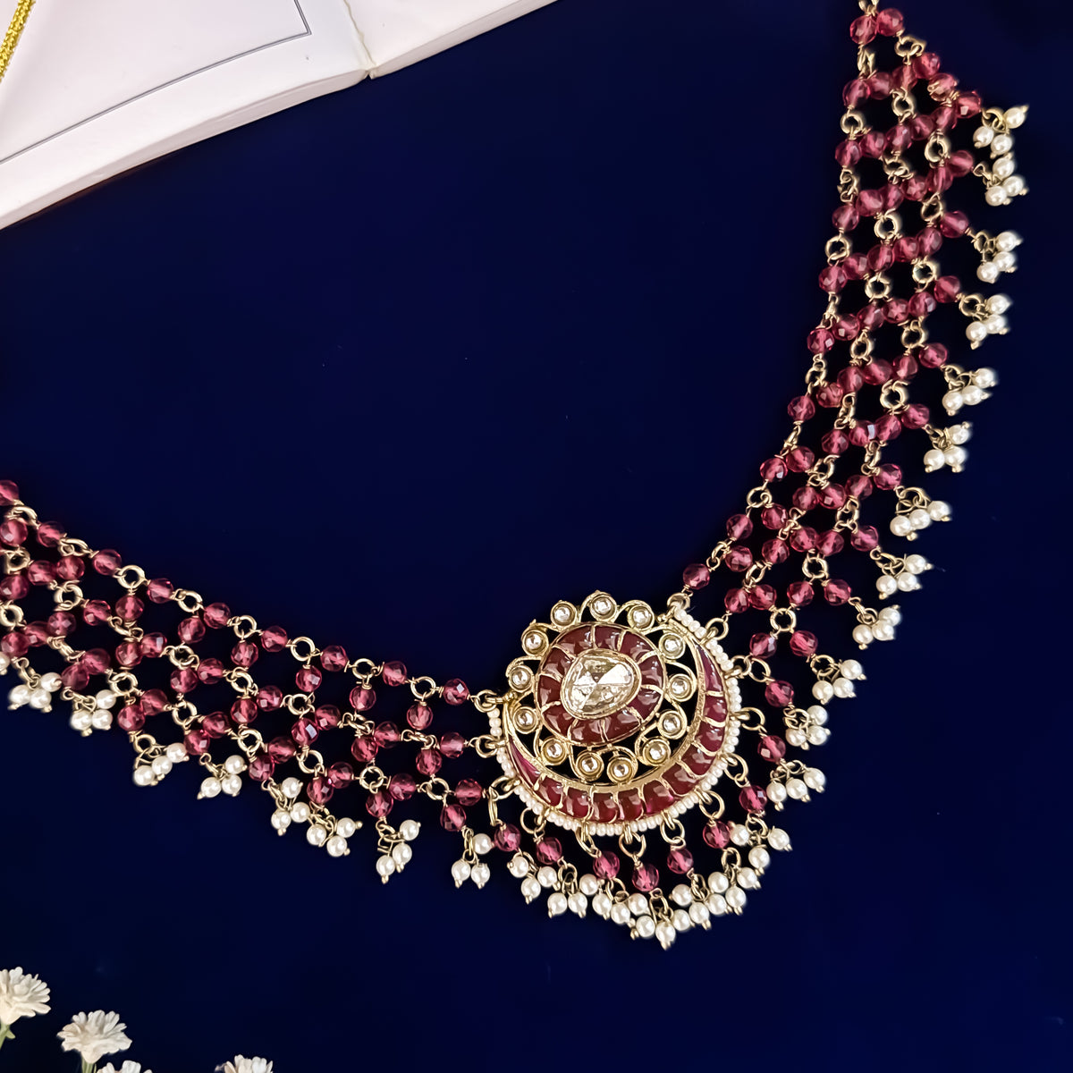 Pink Sanidhya Intricate Pearl Work Necklace set
