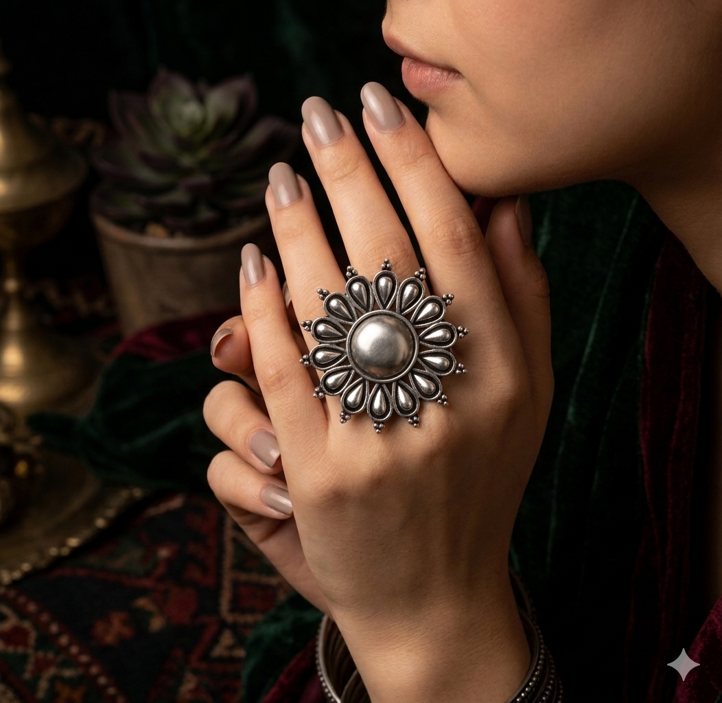 Floral German Silver Adjustable Ring