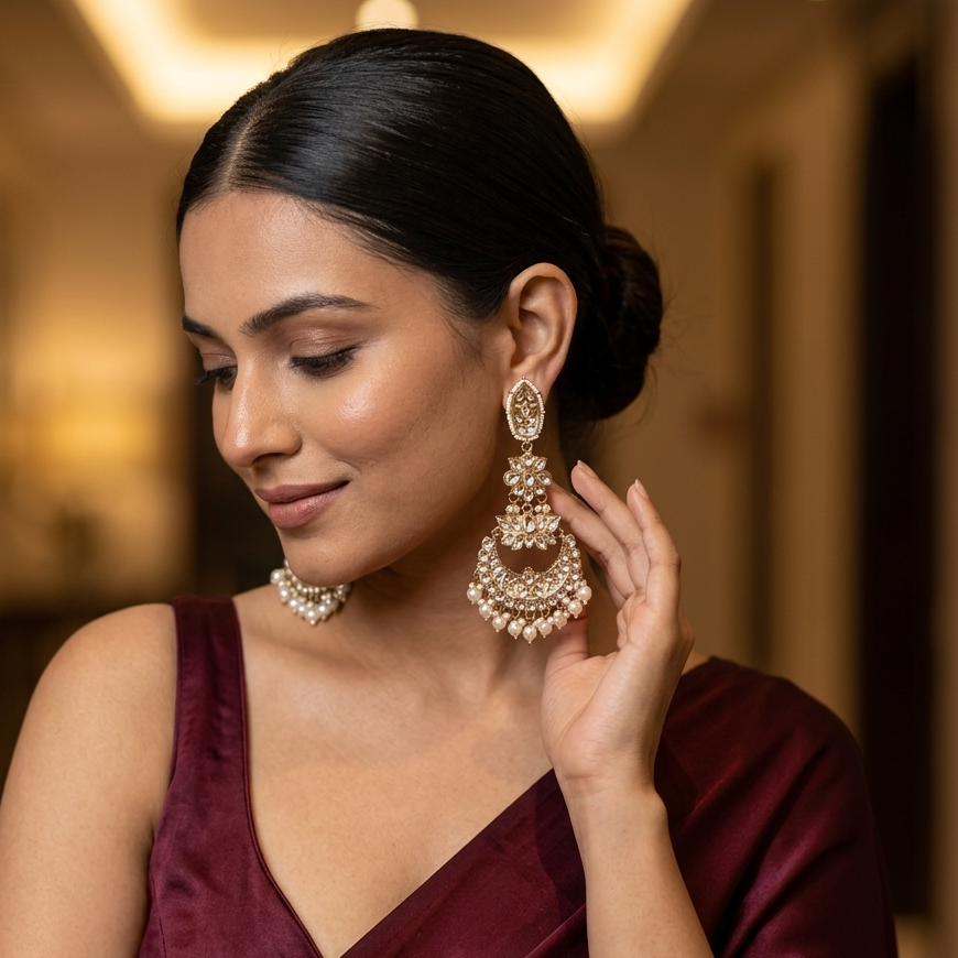 Nilanjana Kundan Chandbali Earrings - Golden