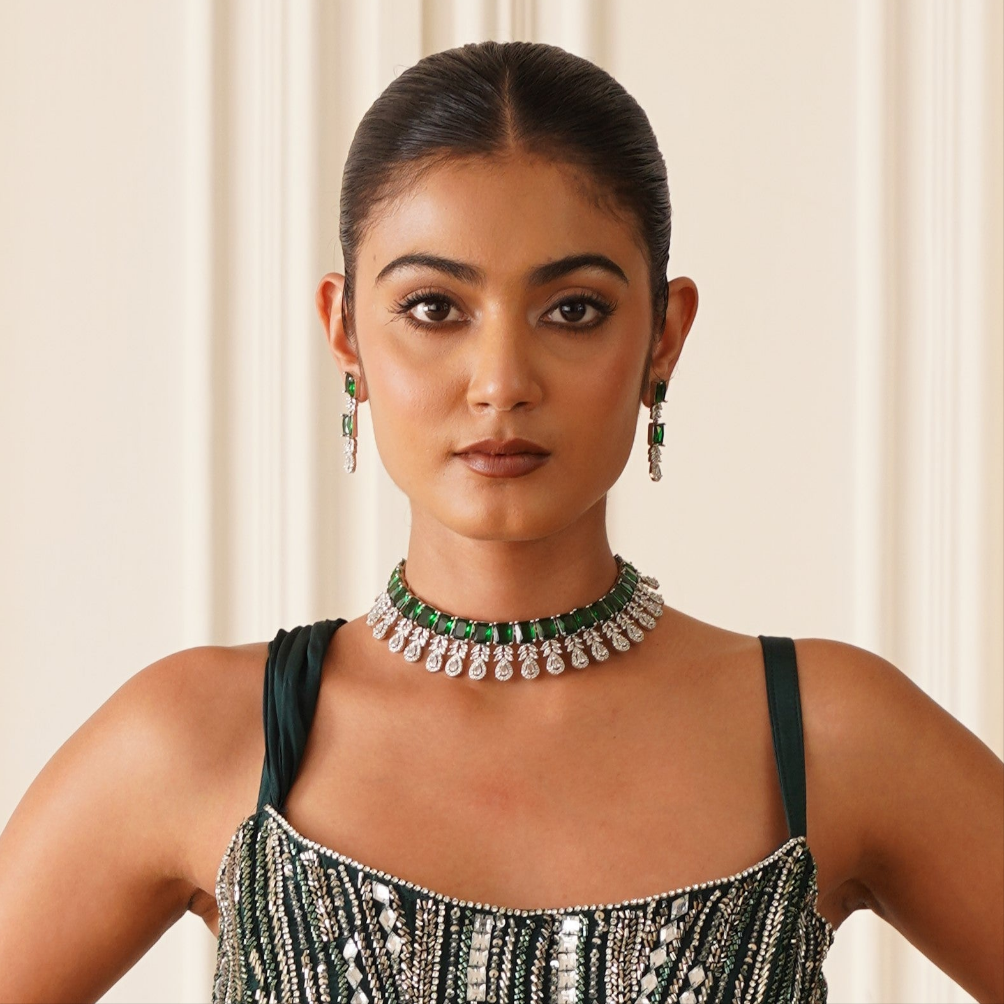 Sophine American Diamond Necklace Set - Emerald Green