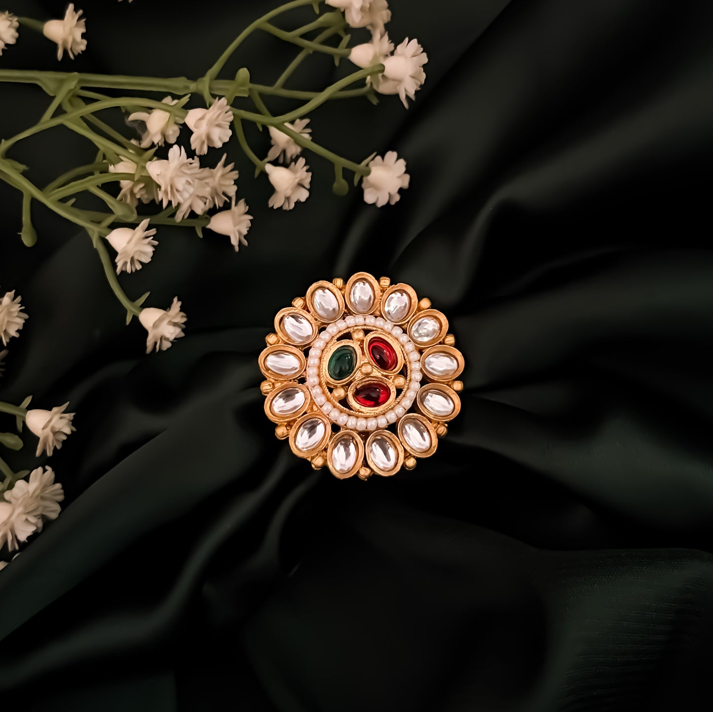 Asmita Premium Kundan Ring - Pink & Green