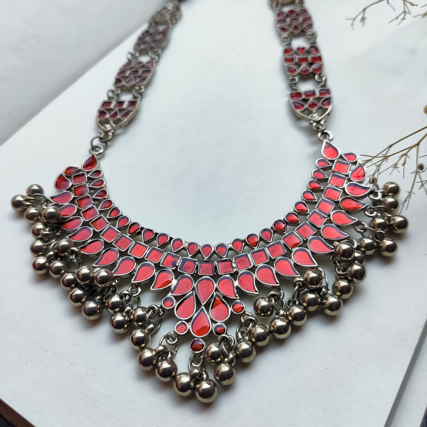 Red Afghani Oxidised Necklace with Silver Pearls