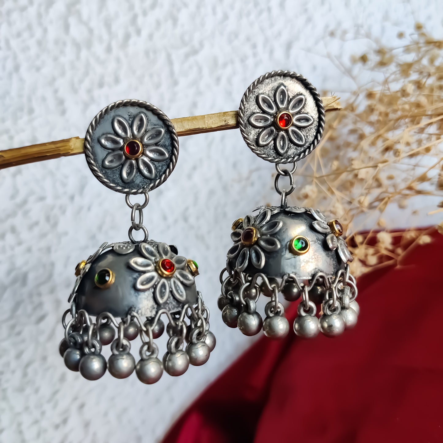 Manmeet Floral Vintage Polish Jhumka Earrings - Multi