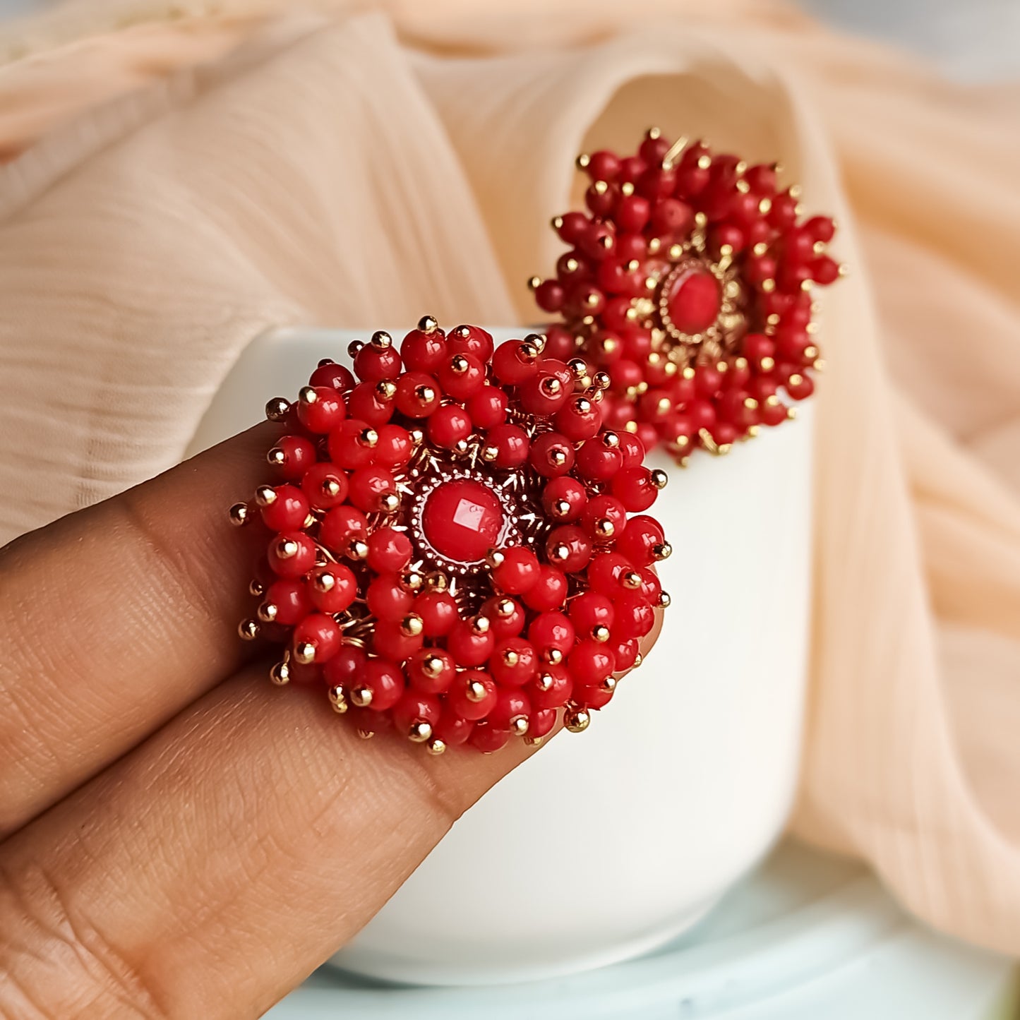 Ganthan Pearl Stud Earrings Red